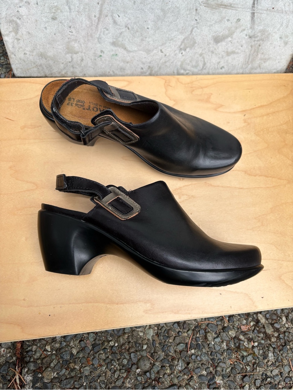 Naot Black Leather Slingback Clog Heels with Buckle